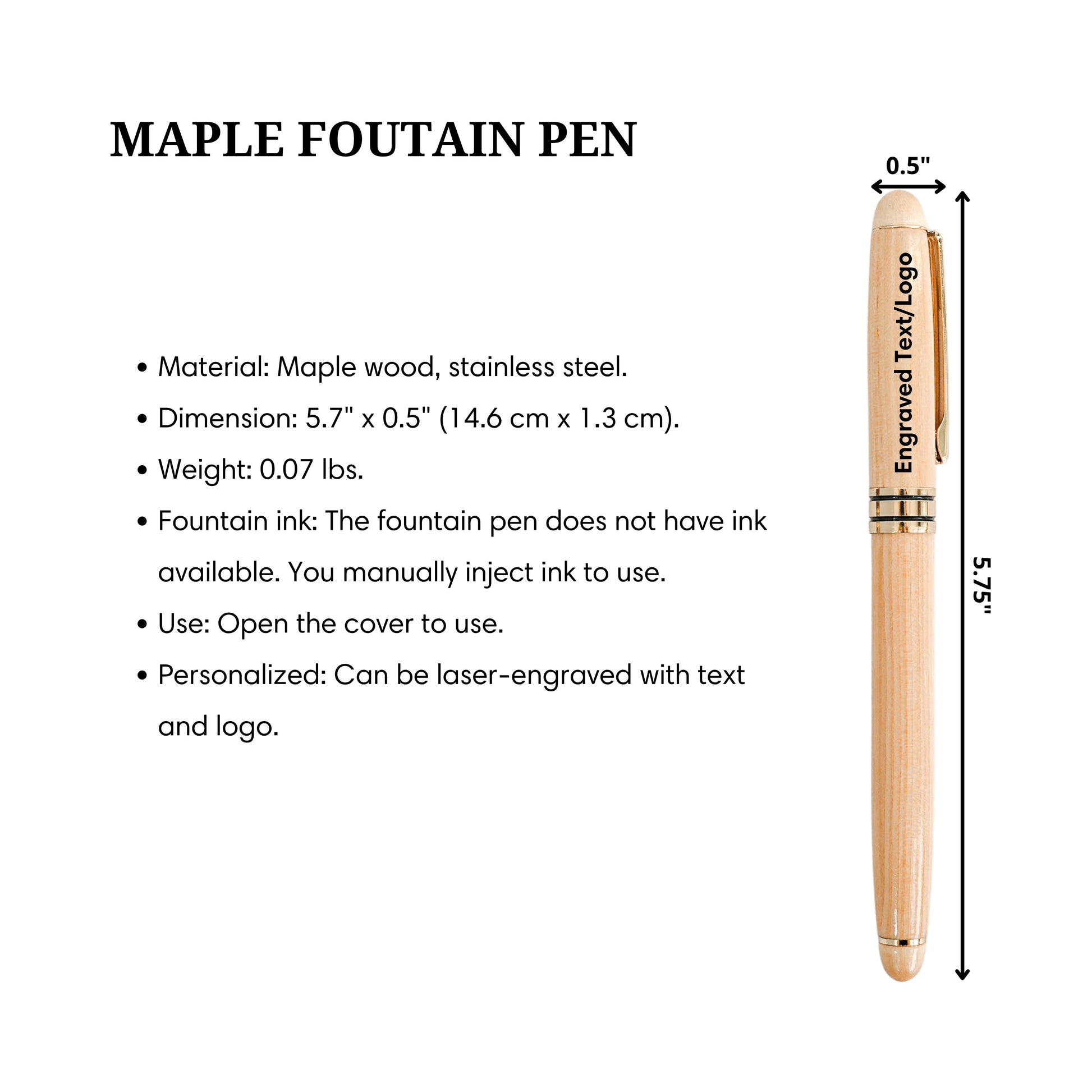 Luxury Maple Fountain Pen: Custom Engraved Name, Logo Personalized Gift for Professional, Corporate Gifts
