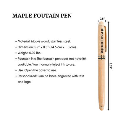Luxury Maple Fountain Pen: Custom Engraved Name, Logo Personalized Gift for Professional, Corporate Gifts
