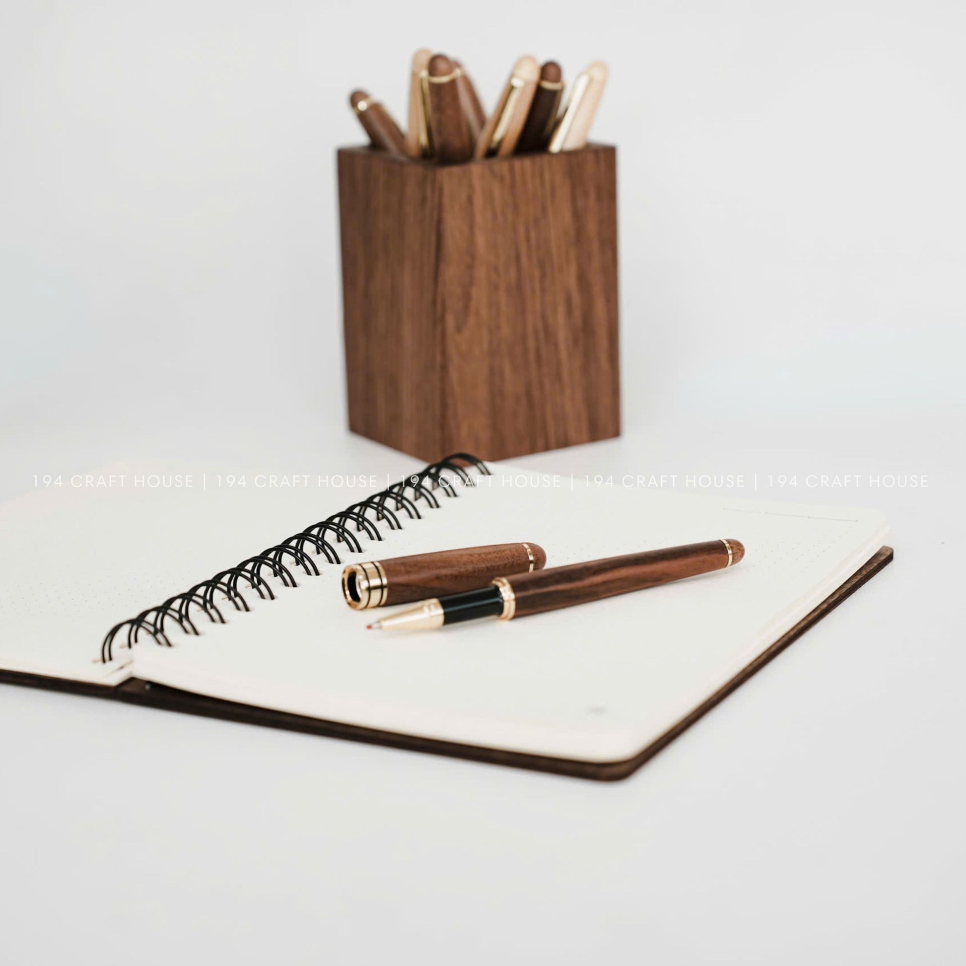 Custom Engraved Walnut Wooden Pen Holders: Personalized Gift for Professional & Logo Corporate Gifts. Minimalist Office Desk Storage & Organizer