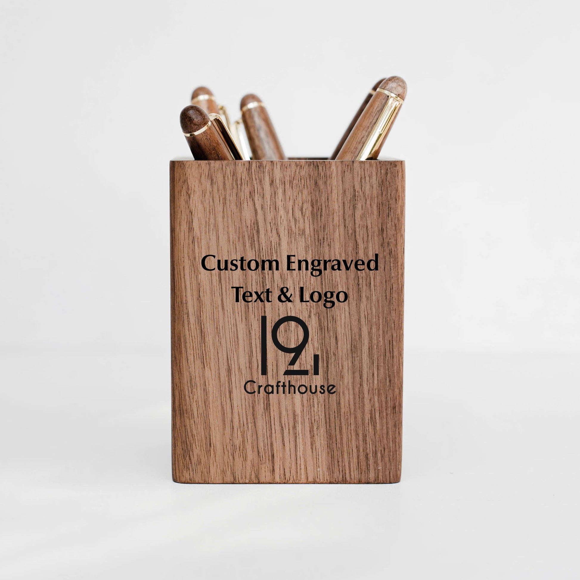 Custom Engraved Walnut Wooden Pen Holders: Personalized Gift for Professional & Logo Corporate Gifts. Minimalist Office Desk Storage & Organizer
