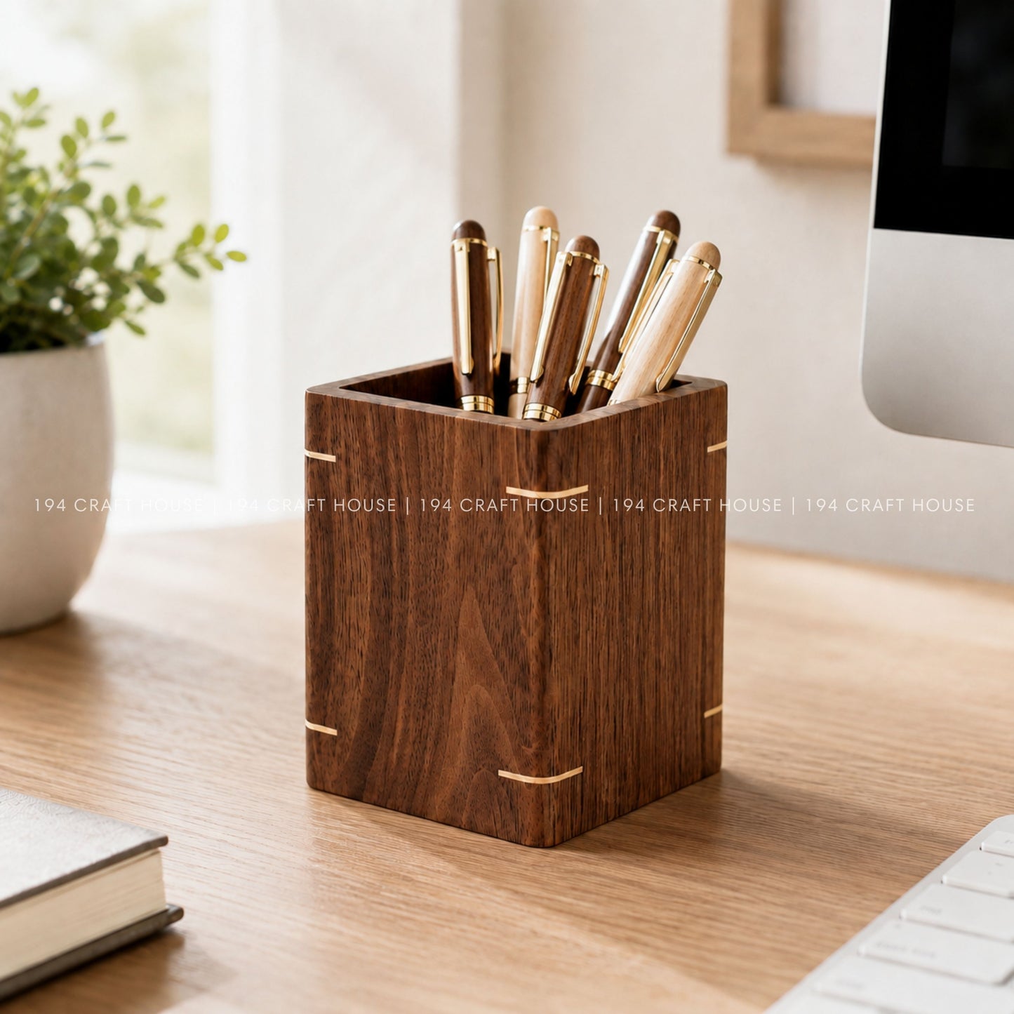 Personalized Walnut Wooden Pen Holder For Desk Custom Engraved Name Gift for Dad, Mom, Teacher, Lawyer, Doctor, Realtor, Company Logo Corporate Gifts for Employees, Executive, New Job Gifts, New Hire Gifts, Welcome Team Gifts, Gift for Clients, Desk Organizer, Minimalist Office Decor, University School Gifts, Engineer Gifts
