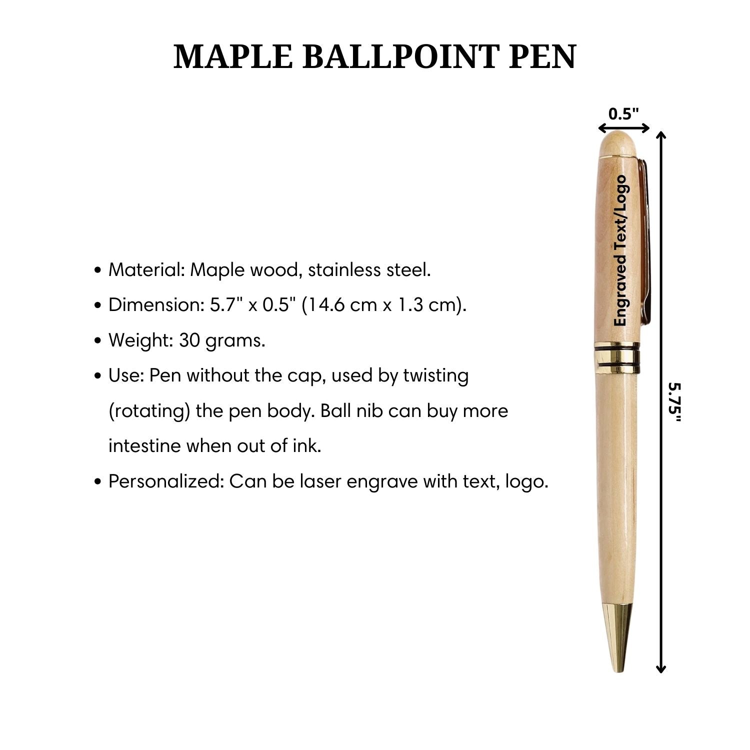 Maple Wooden Ballpoint Pen Personalized Engraved Gift