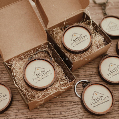 Custom Round Wooden Keychain: Personalized Engraved Logo, Name, Message, 3D layer shape. Personalized gift for wedding favors, bridal shower favors, birthday gifts, or bulk gift for corporate gift for employee, clients, branding, marketing, event gifts, promotional gifts