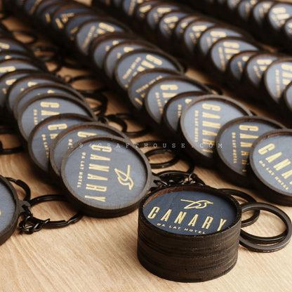 Custom Round Wooden Keychain: Personalized Engraved Logo, Name, Message, 3D layer shape. Personalized gift for wedding favors, bridal shower favors, birthday gifts, or bulk gift for corporate gift for employee, clients, branding, marketing, event gifts, promotional gifts