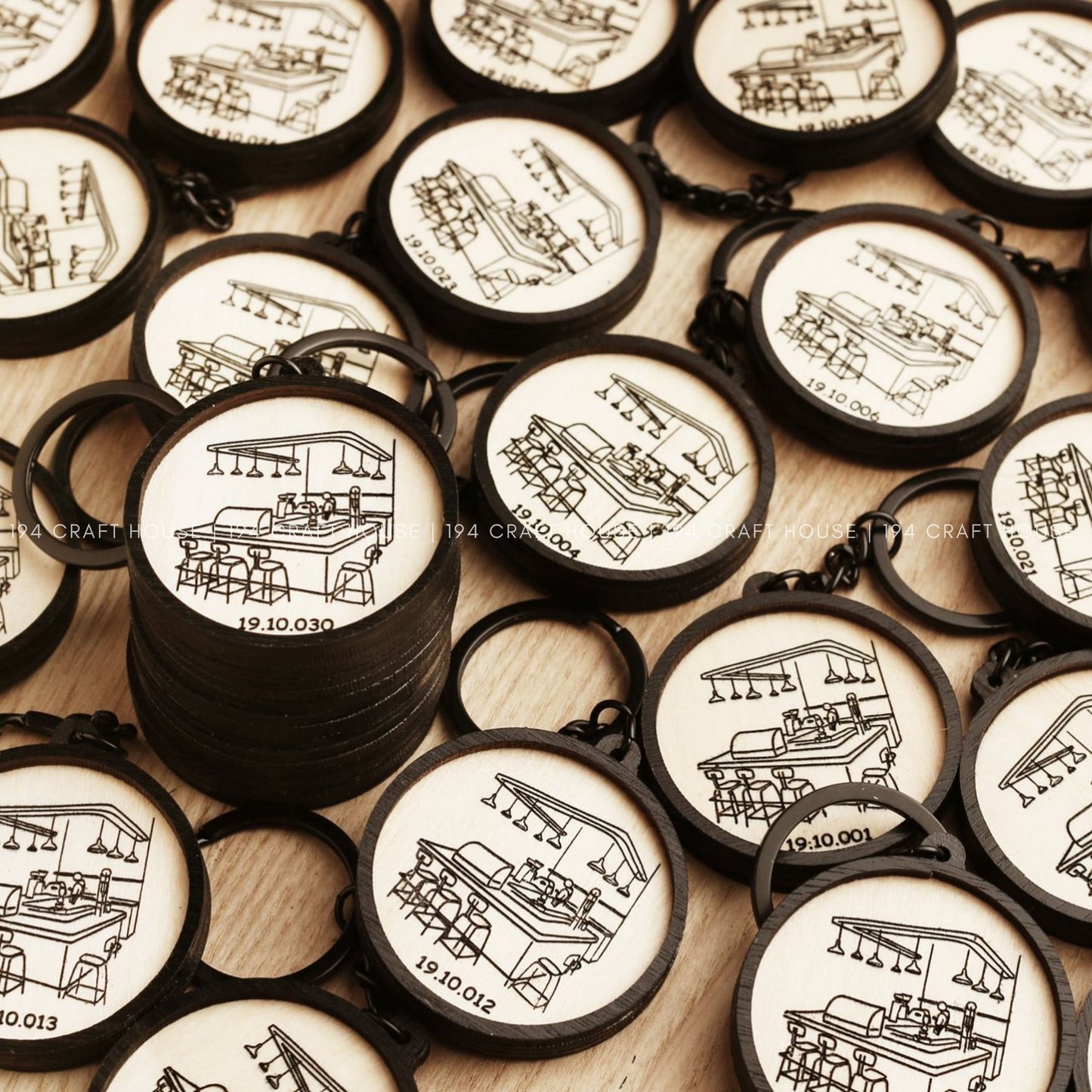Custom Round Wooden Keychain: Personalized Engraved Logo, Name, Message, 3D layer shape. Personalized gift for wedding favors, bridal shower favors, birthday gifts, or bulk gift for corporate gift for employee, clients, branding, marketing, event gifts, promotional gifts