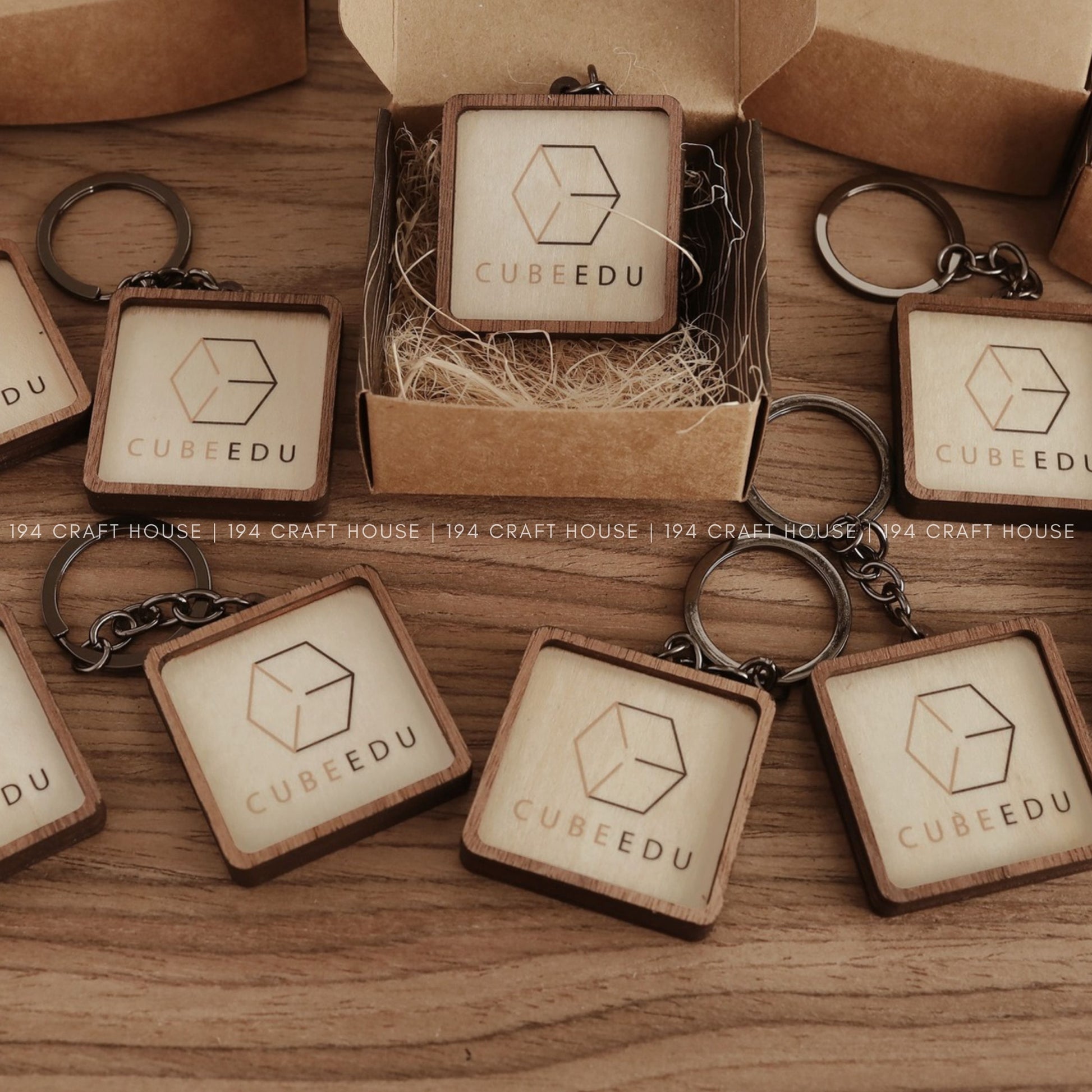 Custom Square Wooden Keychain: Personalized Engraved Logo, Name, Message, 3D layer shape. Personalized gift for wedding favors, bridal shower favors, birthday gifts, or bulk gift for corporate gift for employee, clients, branding, marketing, event gifts, promotional gifts