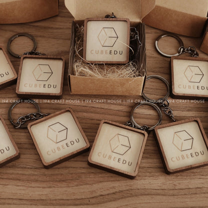 Custom Square Wooden Keychain: Personalized Engraved Logo, Name, Message, 3D layer shape. Personalized gift for wedding favors, bridal shower favors, birthday gifts, or bulk gift for corporate gift for employee, clients, branding, marketing, event gifts, promotional gifts