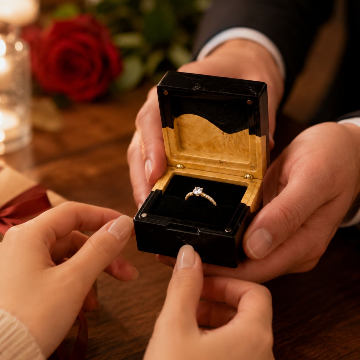 Wedding Ring Holder - Square Black Resin Box