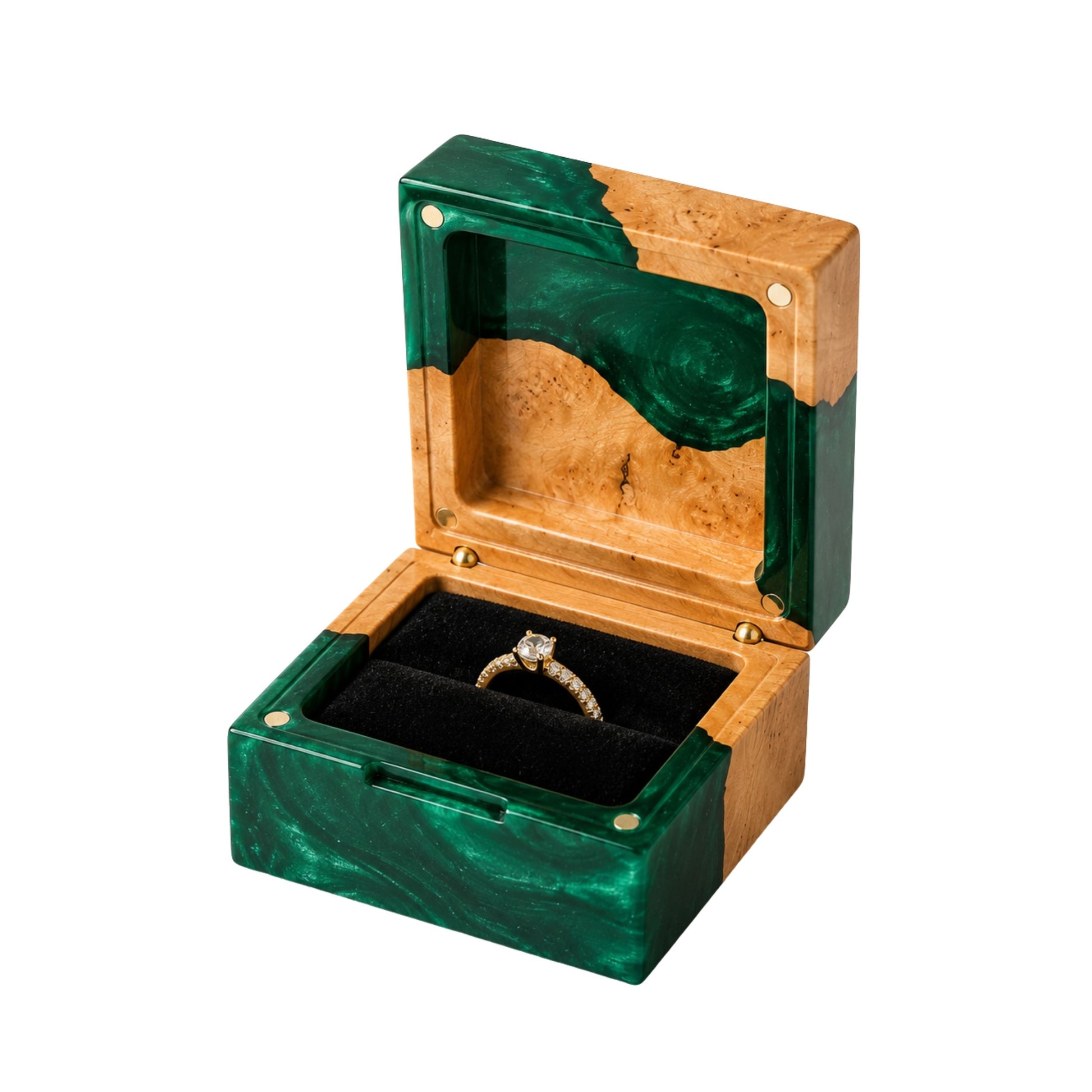 Open square engagement ring box made of green epoxy resin and natural burl wood, displaying a gold diamond ring on a black velvet lining