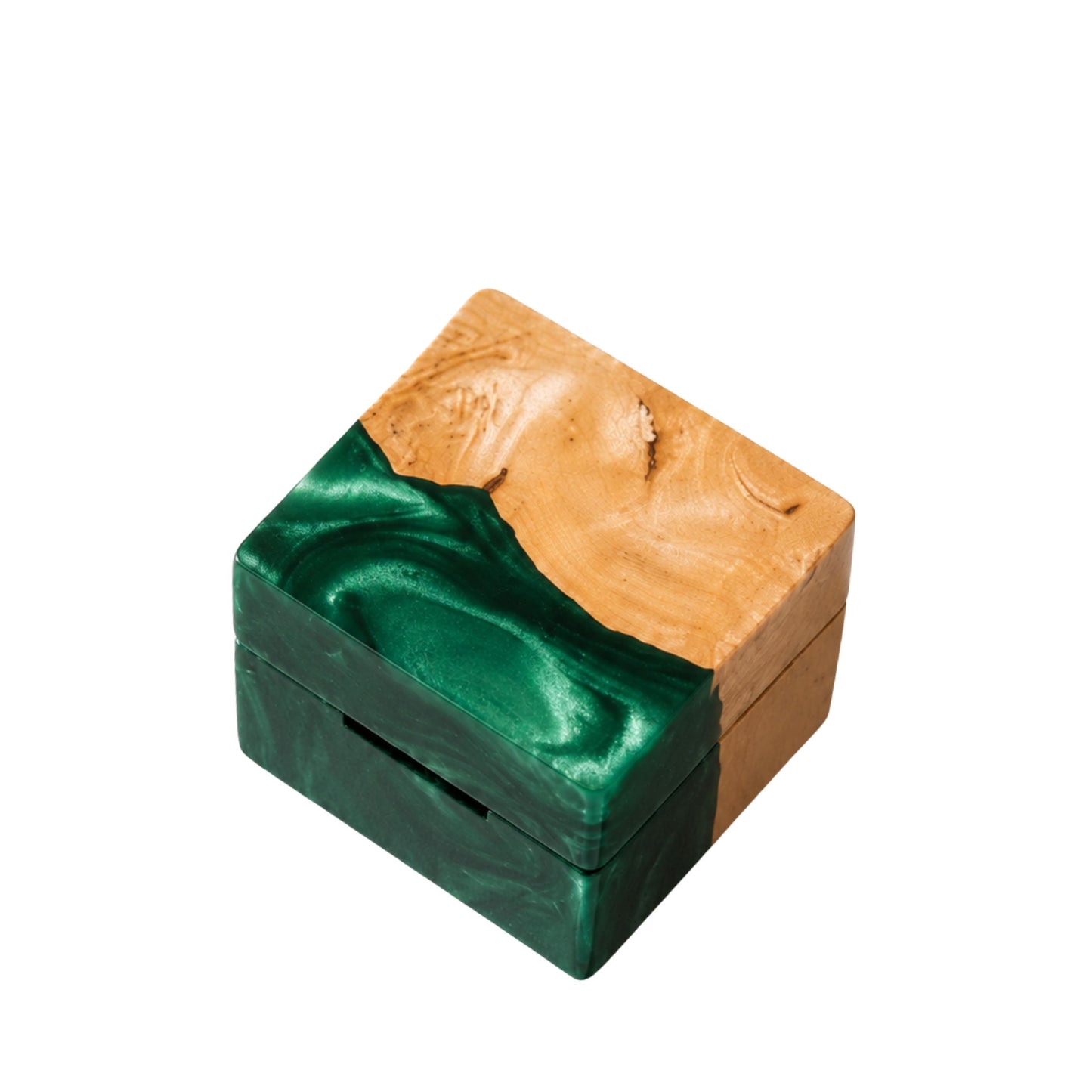 Square artisan wedding ring box made of green epoxy resin and natural burl wood.