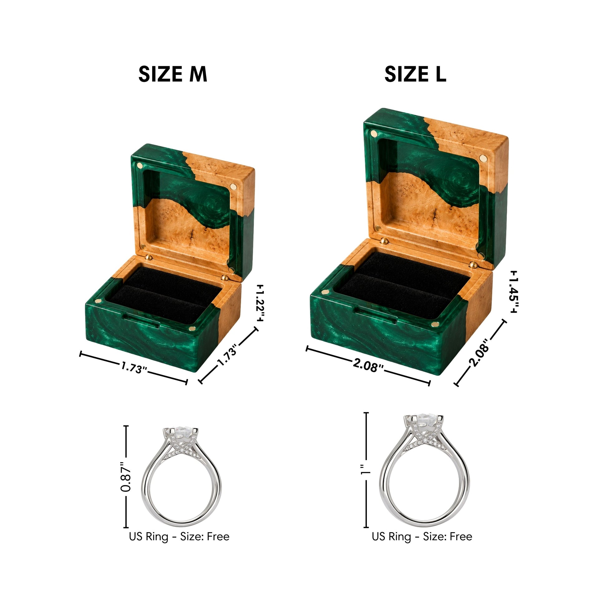 Dimensions infographic comparing Size M and Size L artisan green resin and wood ring boxes with corresponding US ring heights for scale.