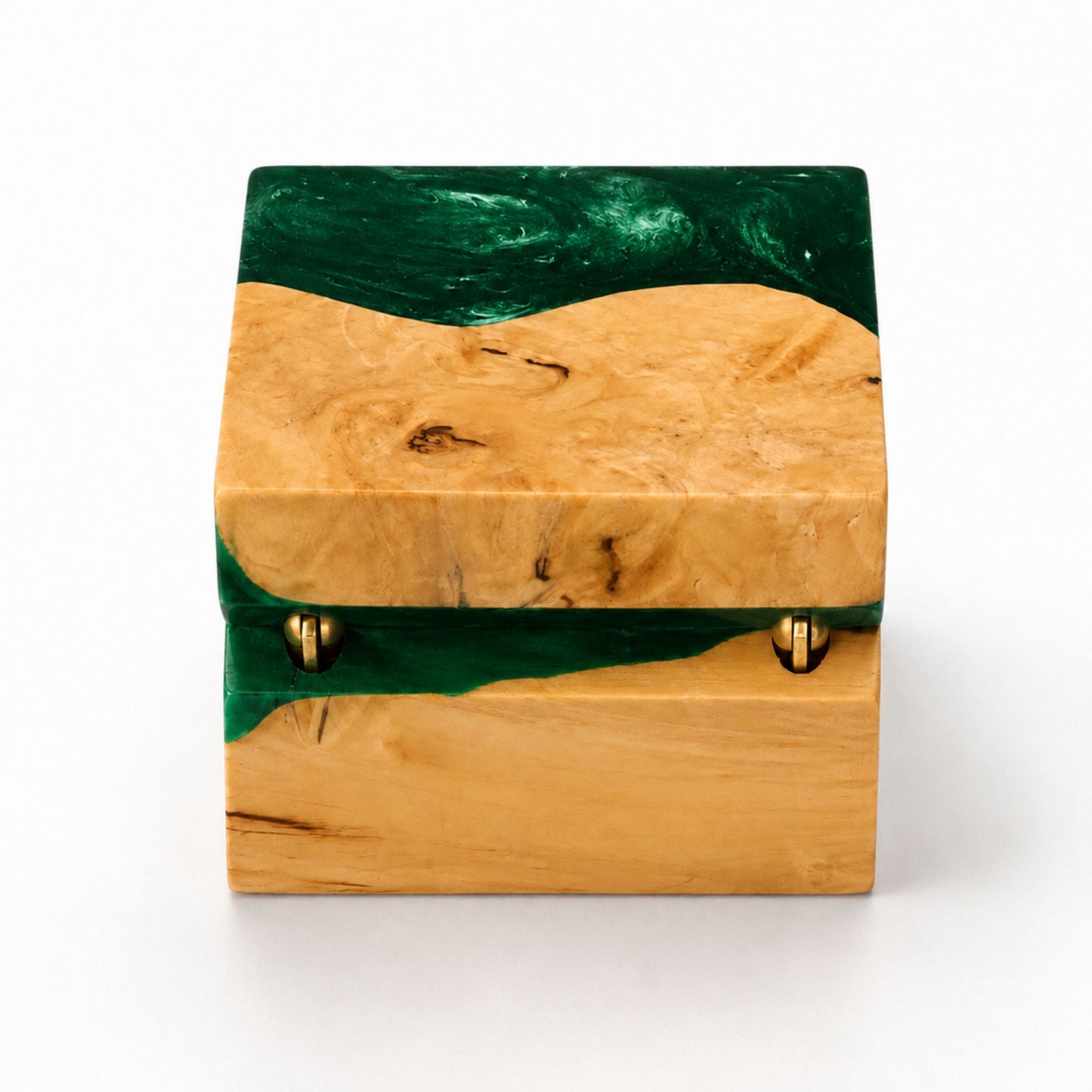 Hinge side back view of a square handcrafted ring box made of green resin and natural burl wood.