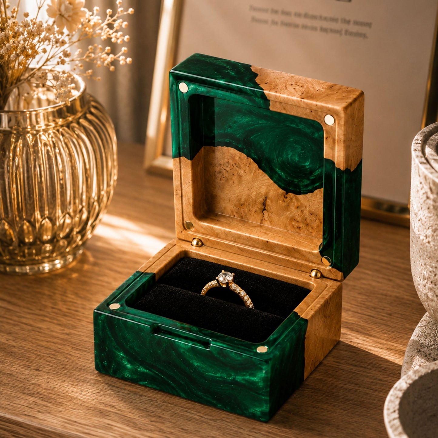 Open green resin and natural burl wood engagement ring box holding a diamond ring on a rustic wooden table.