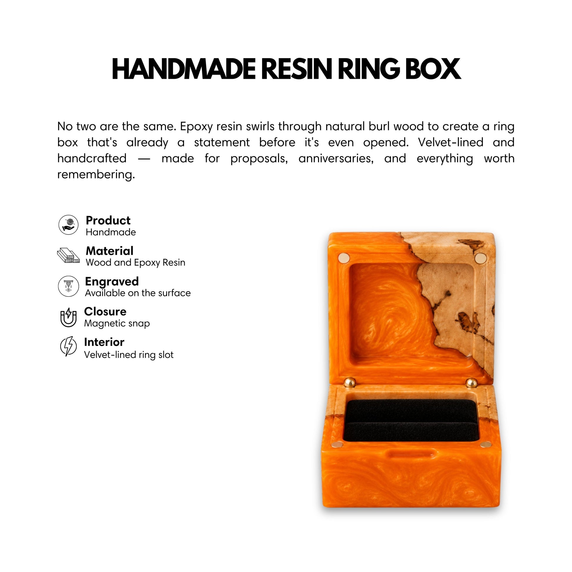 Infographic showcasing a handmade square wedding ring box made of orange epoxy resin and natural burl wood, detailing its magnetic closure and velvet interior.