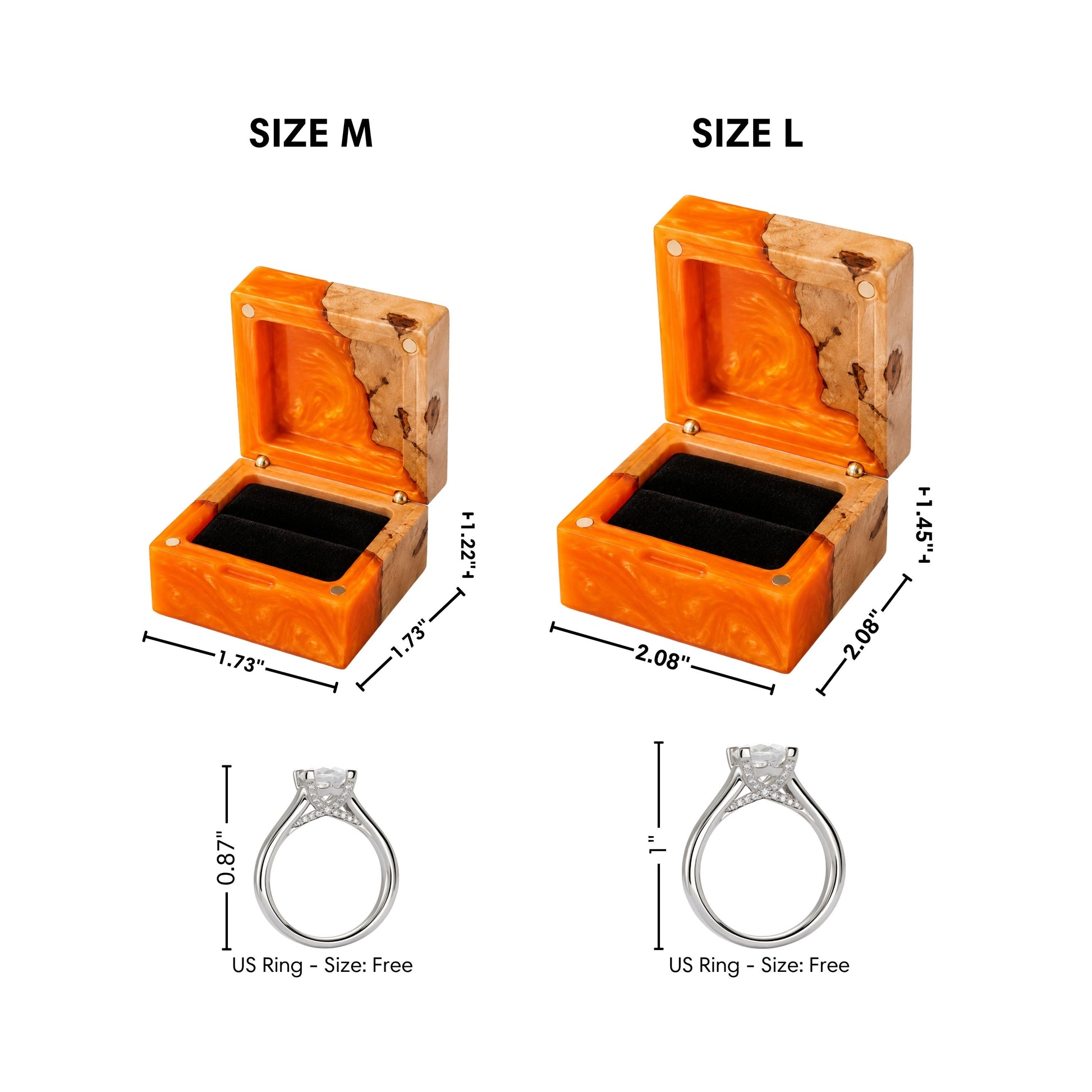 Dimensions infographic comparing Size M and Size L artisan orange resin and wood ring boxes with corresponding US ring heights for scale.