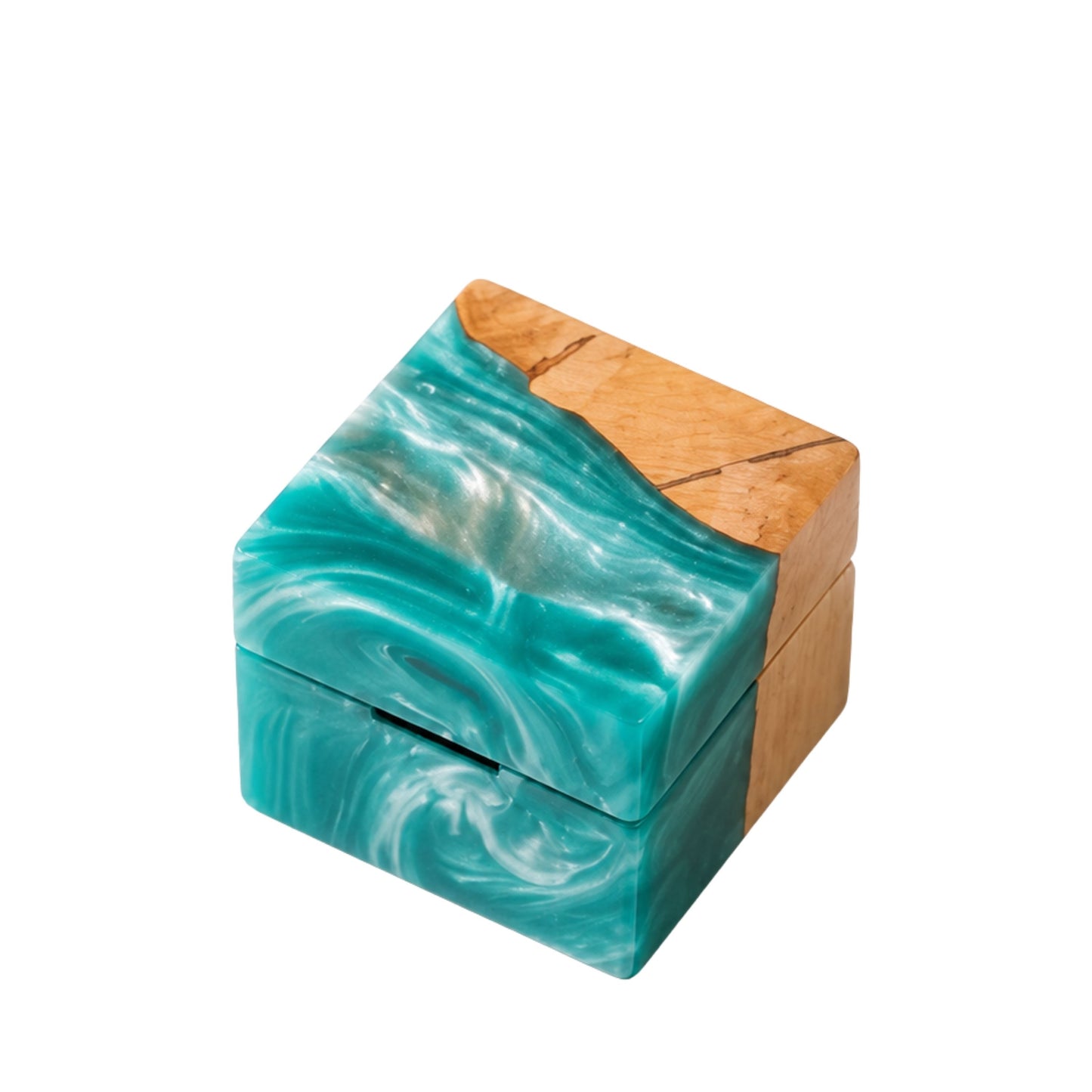 Square artisan wedding ring box made of turquoise epoxy resin and natural burl wood.