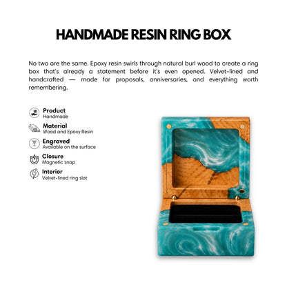 Infographic showcasing a handmade square wedding ring box made of turquoise epoxy resin and natural burl wood, detailing its magnetic closure and velvet interior.