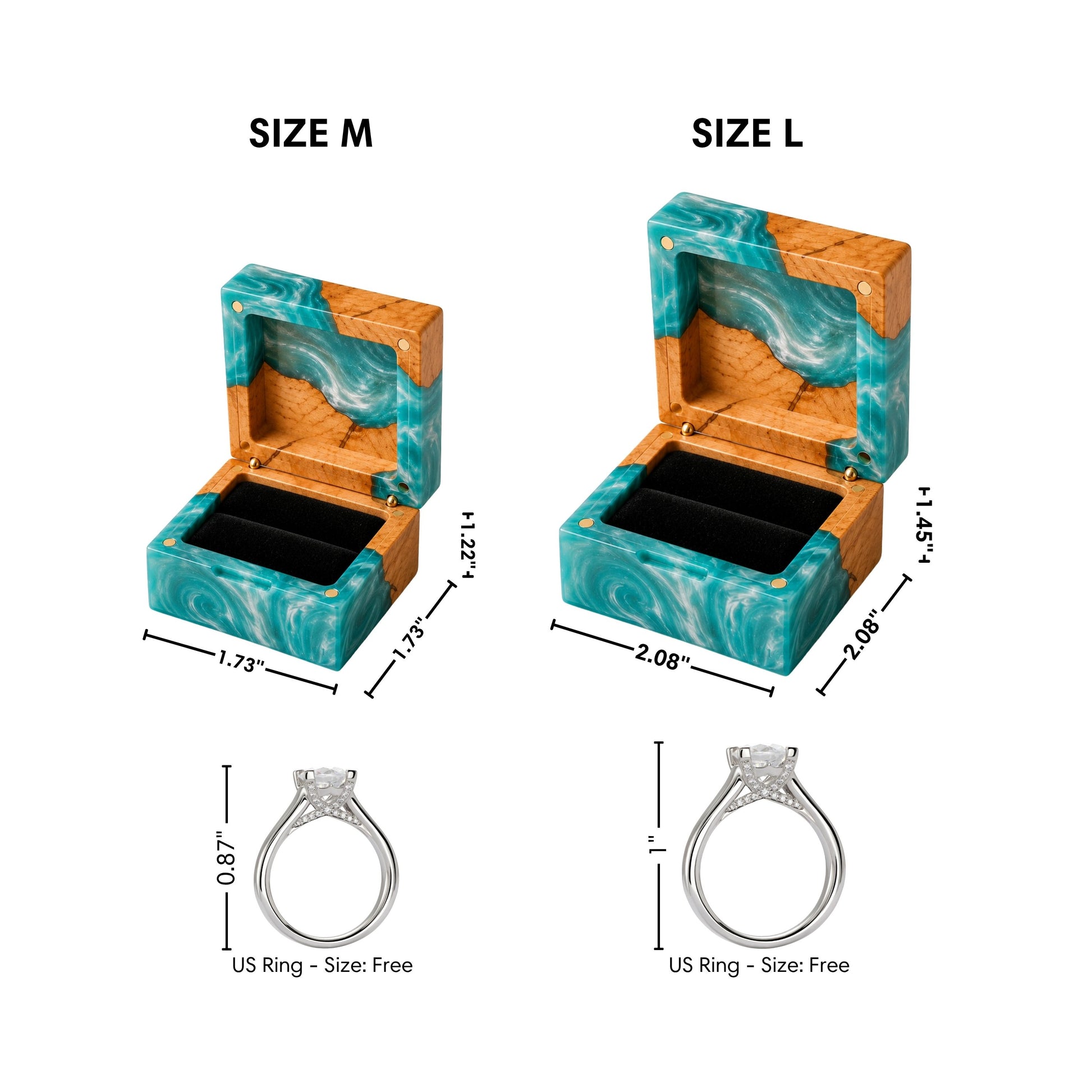 Dimensions infographic comparing Size M and Size L artisan turquoise resin and wood ring boxes with corresponding US ring heights for scale.
