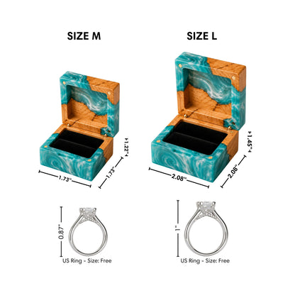 Dimensions infographic comparing Size M and Size L artisan turquoise resin and wood ring boxes with corresponding US ring heights for scale.