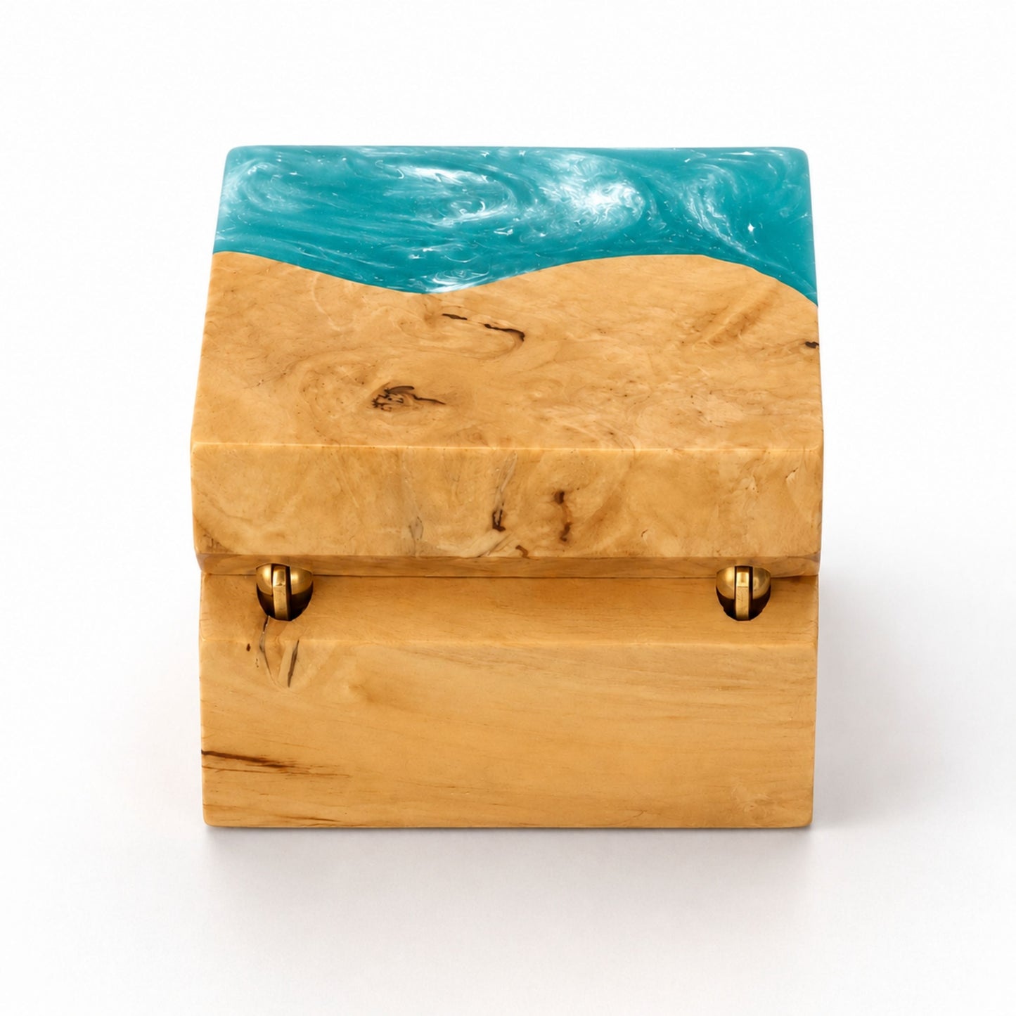 Hinge side back view of a square handcrafted ring box made of turquoise resin and natural burl wood.