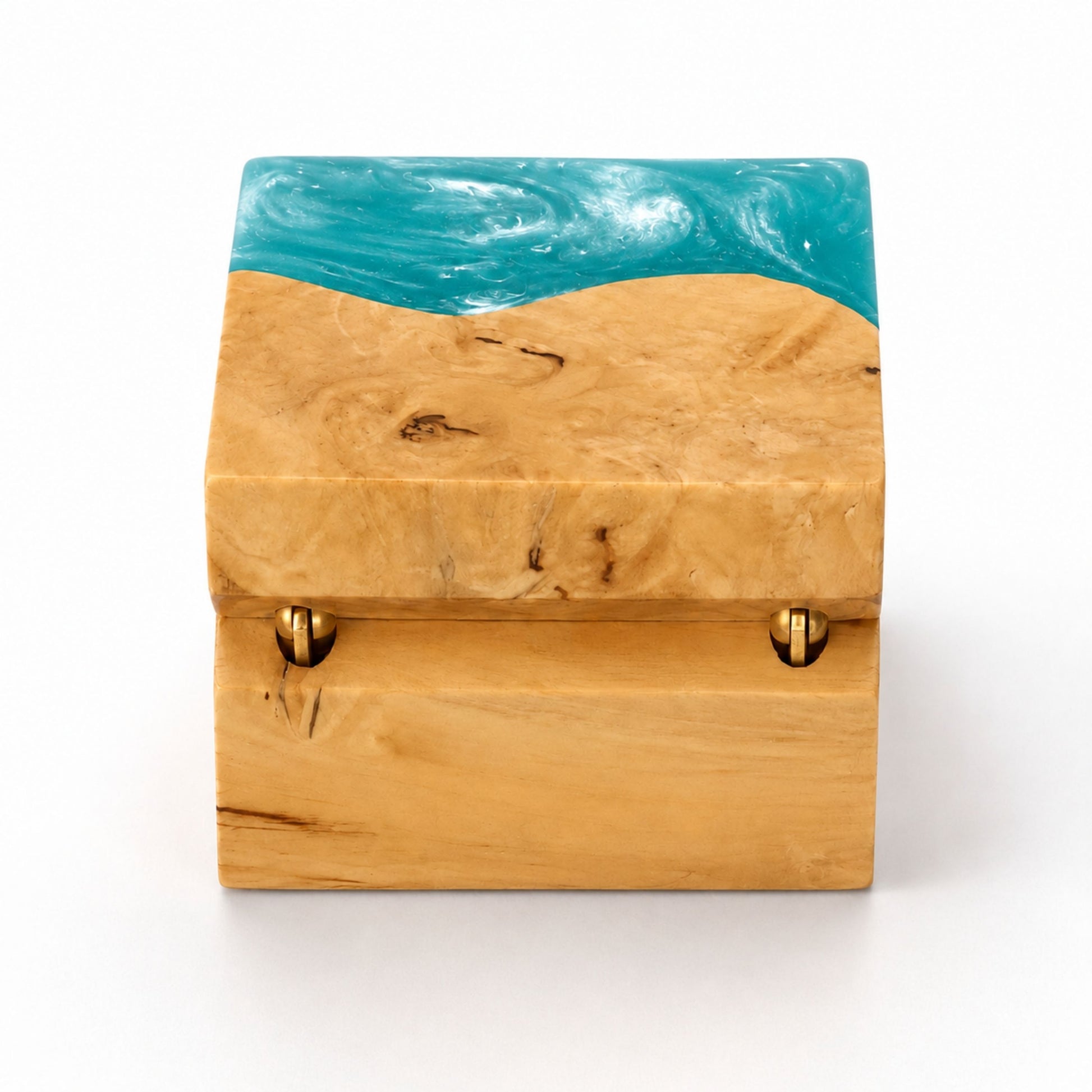 Hinge side back view of a square handcrafted ring box made of turquoise resin and natural burl wood.