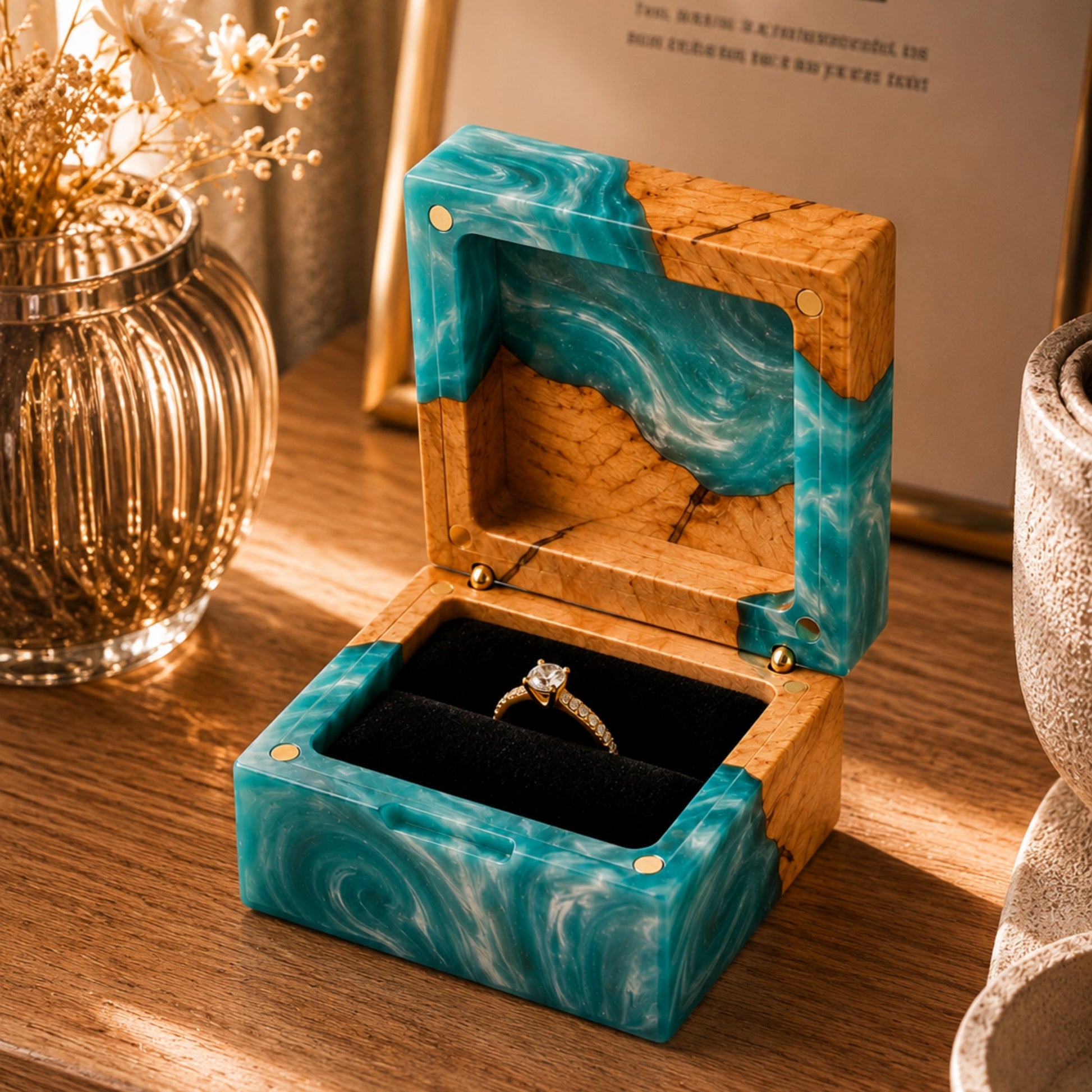 Open turquoise resin and natural burl wood engagement ring box holding a diamond ring on a rustic wooden table.