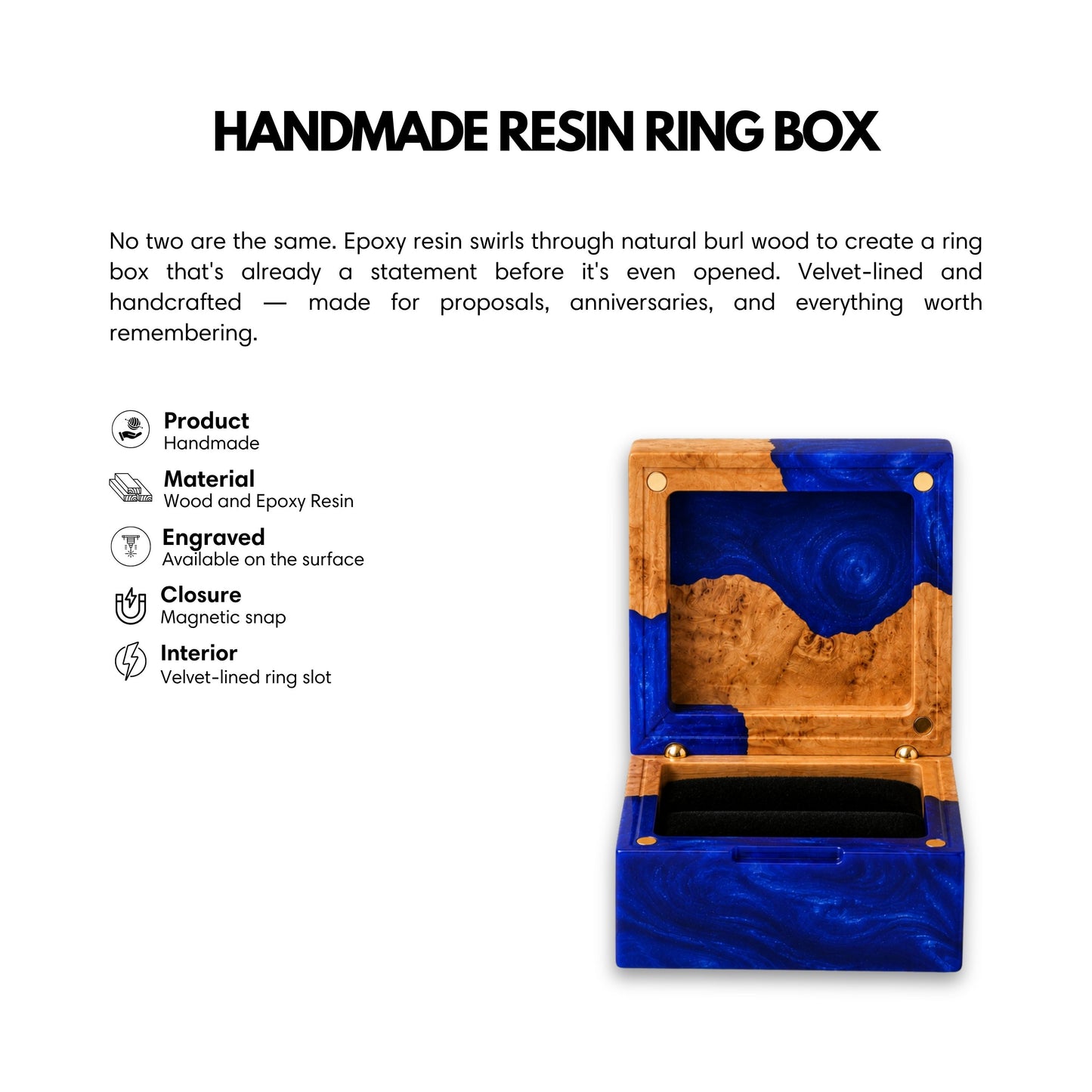 Infographic showcasing a handmade square wedding ring box made of blue epoxy resin and natural burl wood, detailing its magnetic closure and velvet interior.