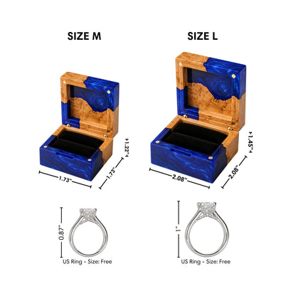 Dimensions infographic comparing Size M and Size L artisan blue resin and wood ring boxes with corresponding US ring heights for scale.