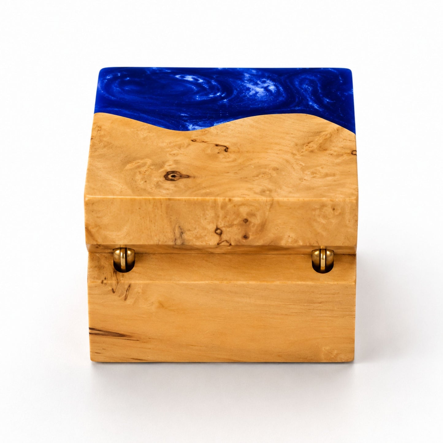 Hinge side back view of a square handcrafted ring box made of blue resin and natural burl wood.