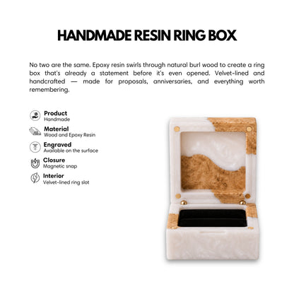 Infographic showcasing a handmade square wedding ring box made of pearl epoxy resin and natural burl wood, detailing its magnetic closure and velvet interior.