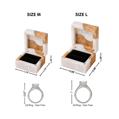 Dimensions infographic comparing Size M and Size L artisan pearl resin and wood ring boxes with corresponding US ring heights for scale.