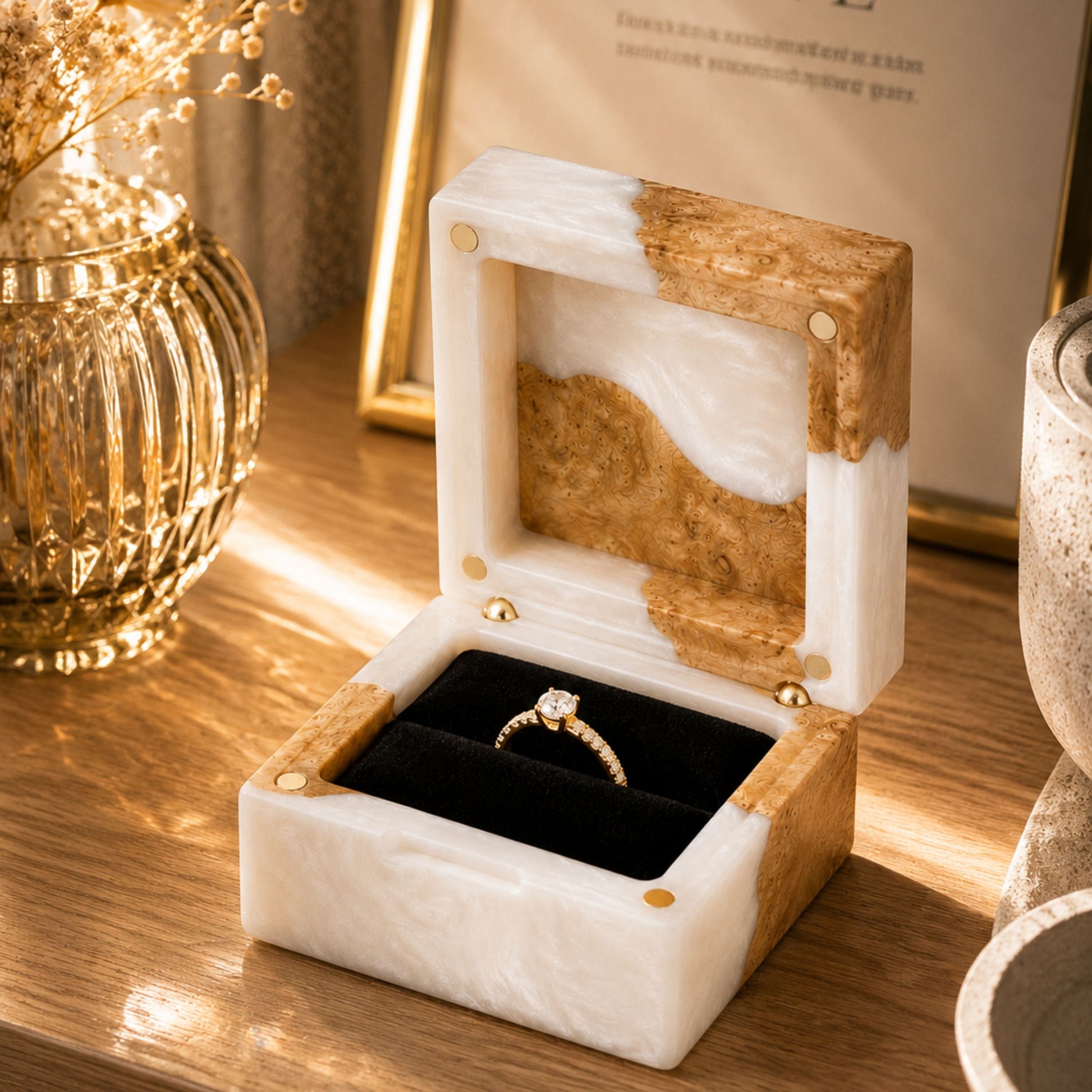 Open pearl resin and natural burl wood engagement ring box holding a diamond ring on a rustic wooden table.