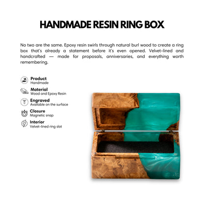Product overview image highlighting features of the handmade burl wood and turquoise epoxy resin ring box with magnetic closure and velvet lining.
