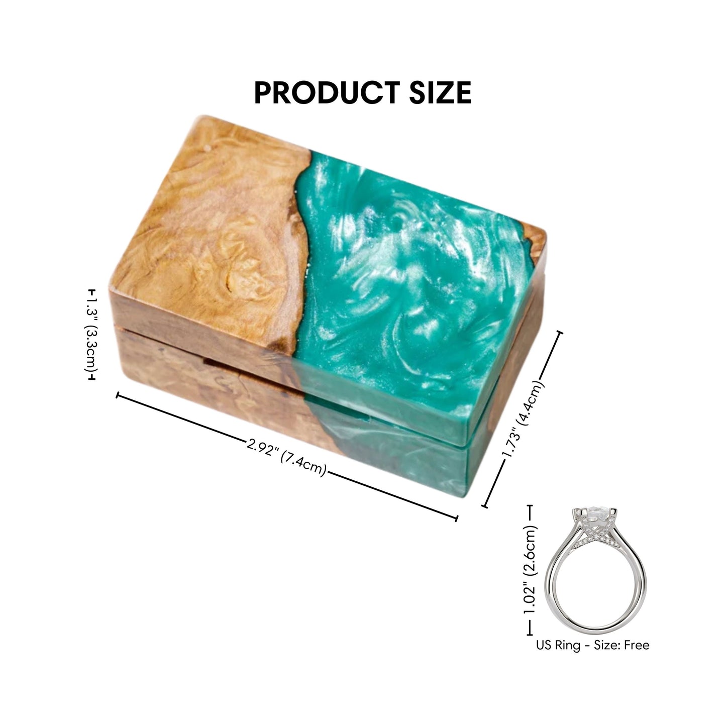 Size guide graphic displaying dimensions for the rectangular wood and turquoise resin ring box.
