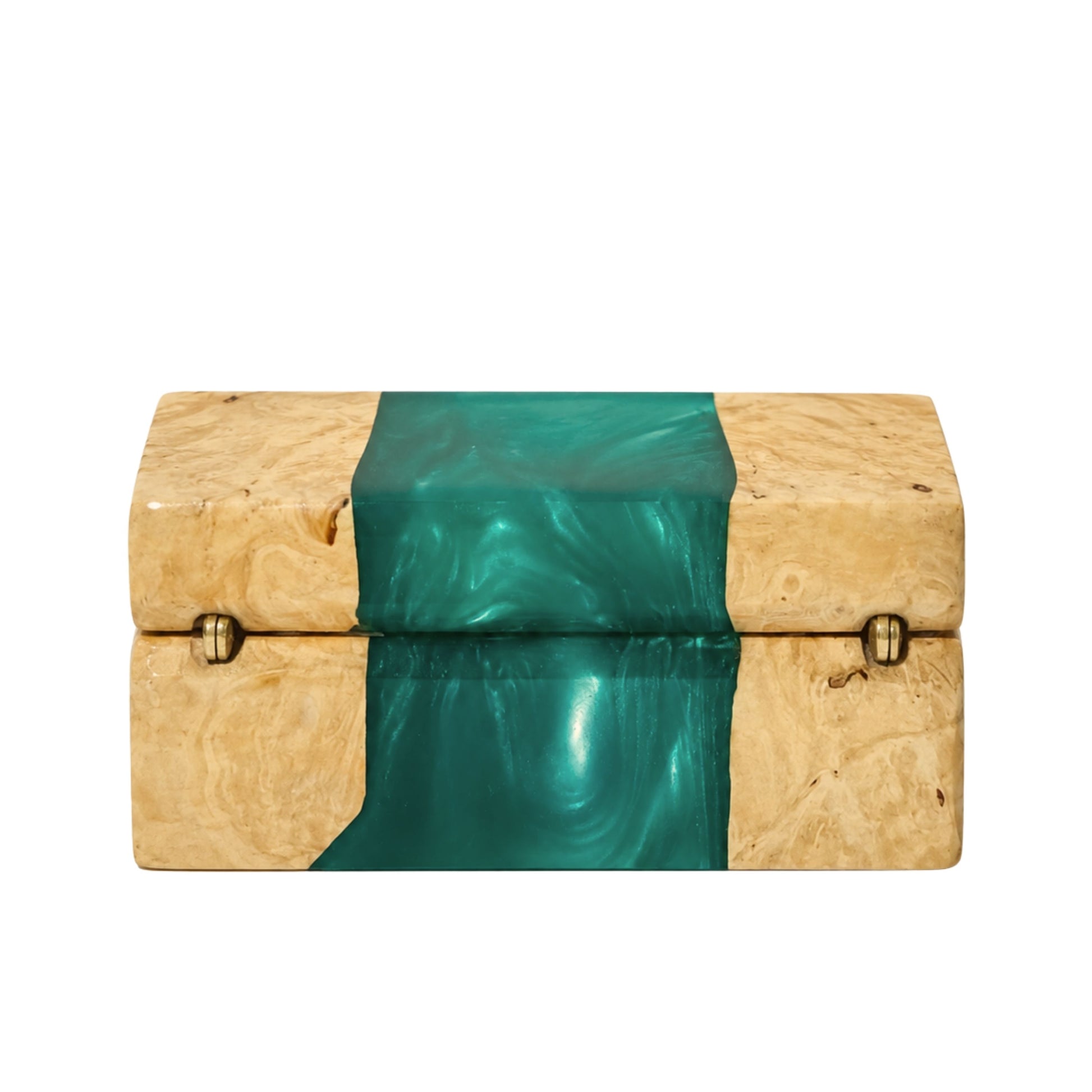 Back view of a closed wood and turquoise epoxy resin ring box showing the gold metal hinges and natural wood grain texture.
