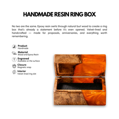 Product overview image highlighting features of the handmade burl wood and orange epoxy resin ring box with magnetic closure and velvet lining.
