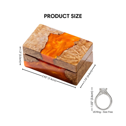 Size guide graphic displaying dimensions for the rectangular wood and orange resin ring box.
