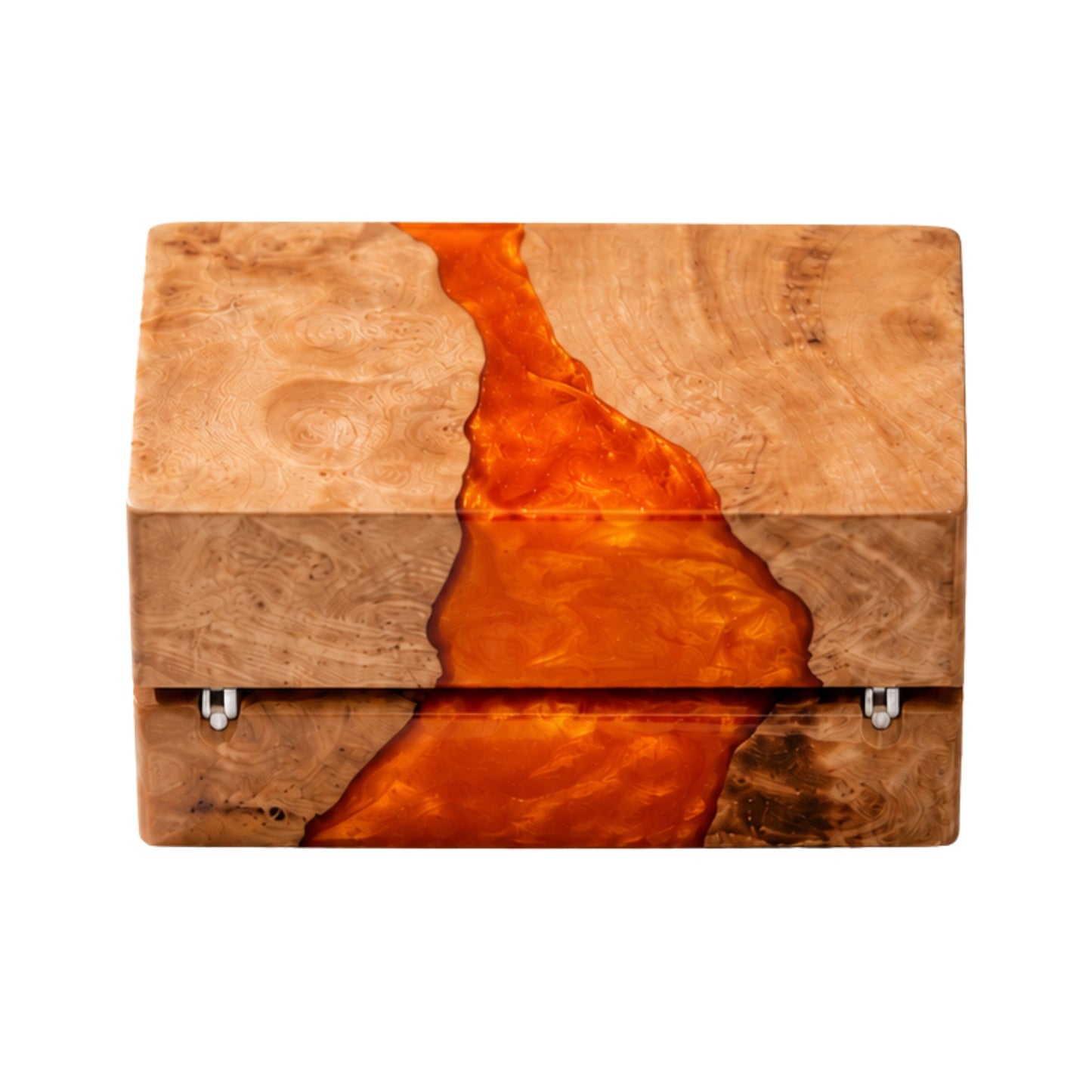 Back view of a closed wood and orange epoxy resin ring box showing the gold metal hinges and natural wood grain texture.
