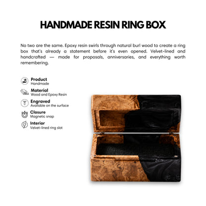 Product overview image highlighting features of the handmade burl wood and black epoxy resin ring box with magnetic closure and velvet lining.

