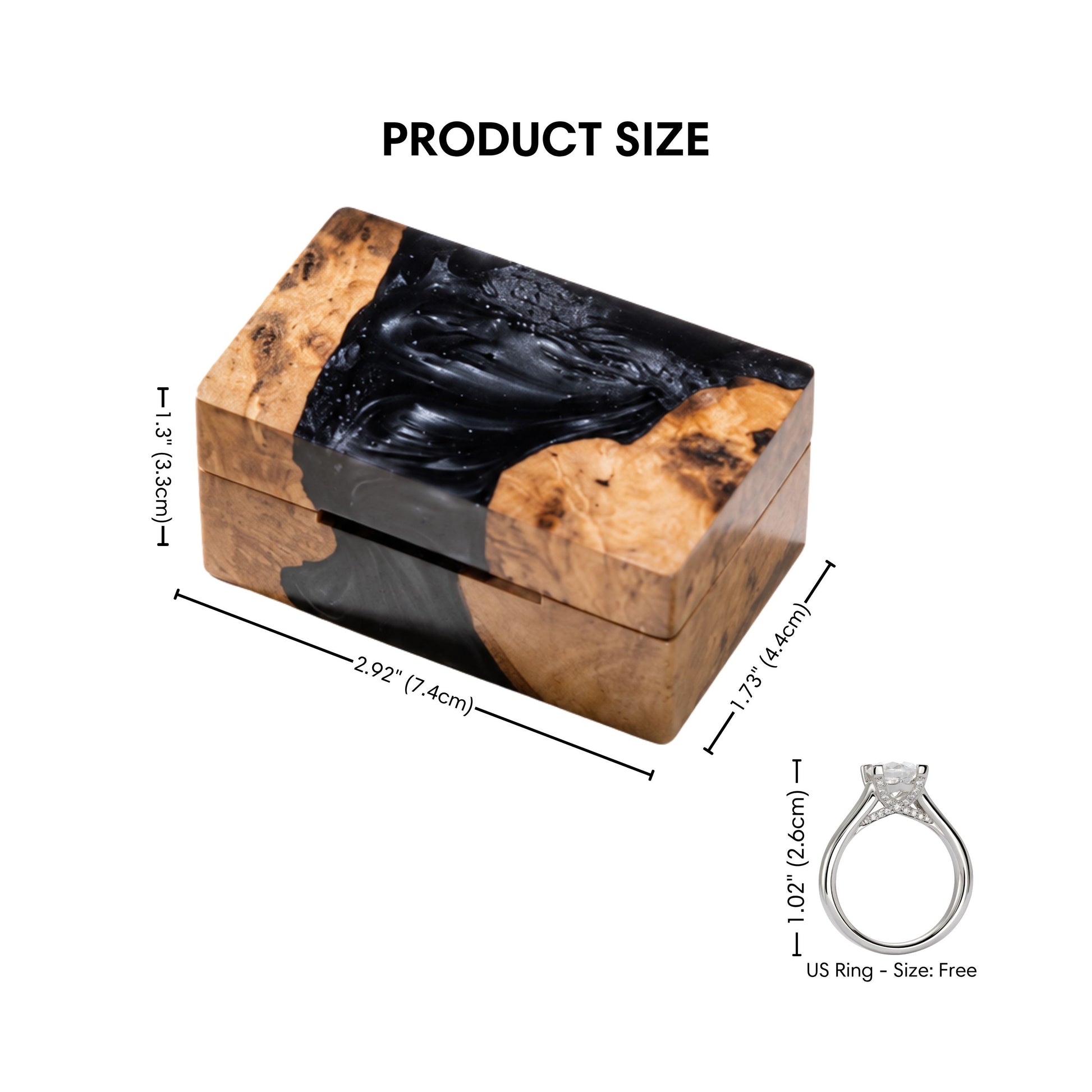 Size guide graphic displaying dimensions for the rectangular wood and black resin ring box.
