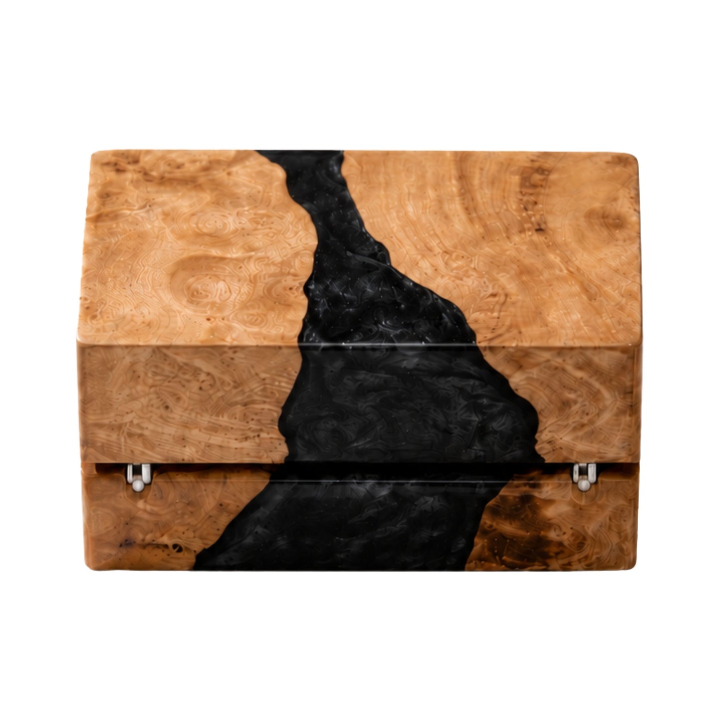 Back view of a closed wood and black epoxy resin ring box showing the gold metal hinges and natural wood grain texture.
