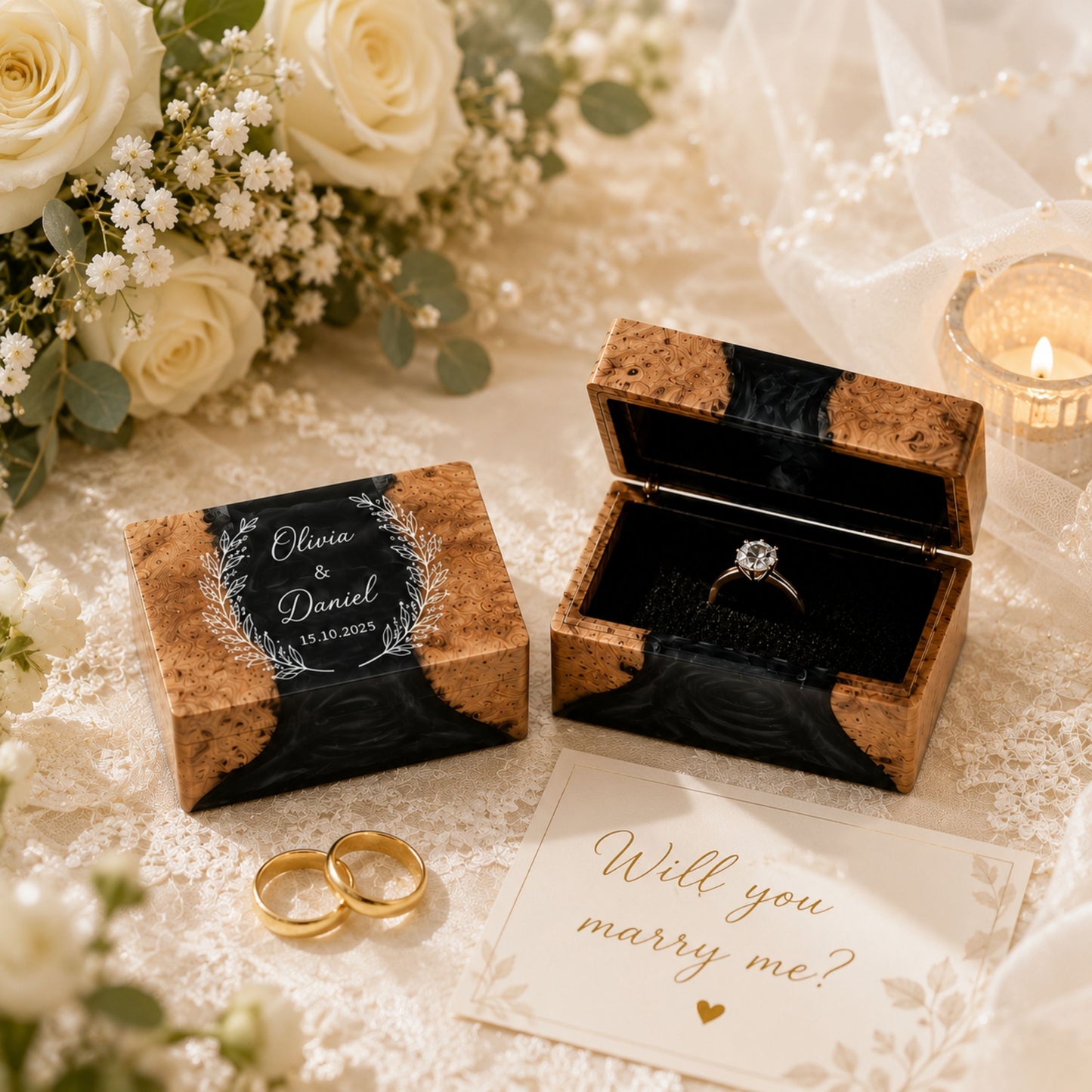 Pair of custom engraved wood and black resin ring boxes set on a wedding styled table
