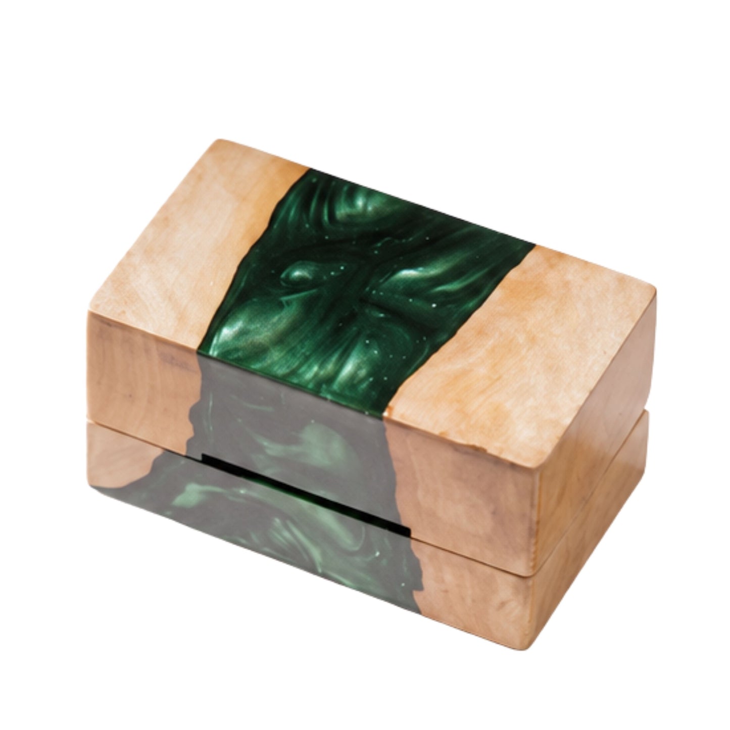 Top view of a closed rectangular ring box made from natural burl wood and swirled emerald green epoxy resin.

