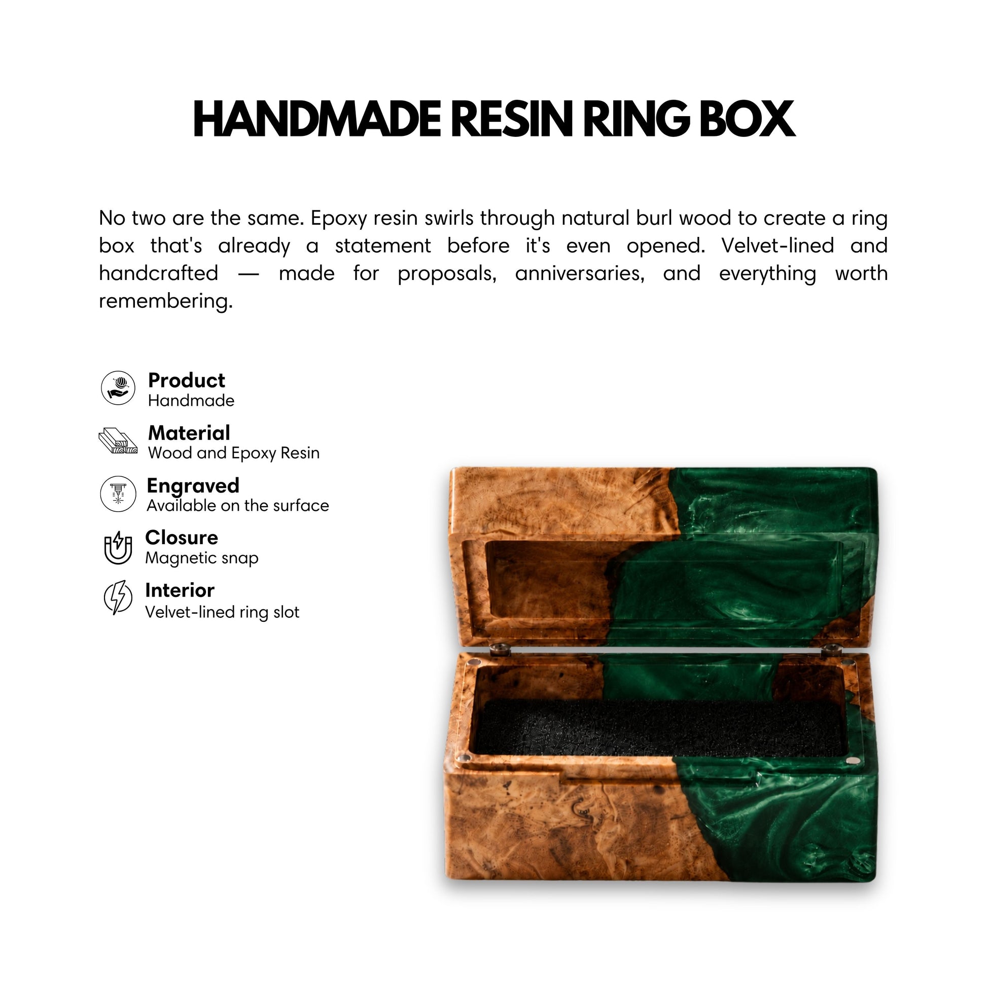 Product overview image highlighting features of the handmade burl wood and emerald green epoxy resin ring box with magnetic closure and velvet lining.

