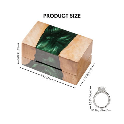 Size guide graphic displaying dimensions for the rectangular wood and emerald green resin ring box.
