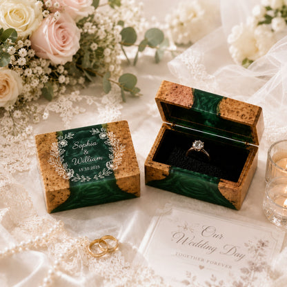 Pair of custom engraved wood and emerald green resin ring boxes set on a wedding styled table
