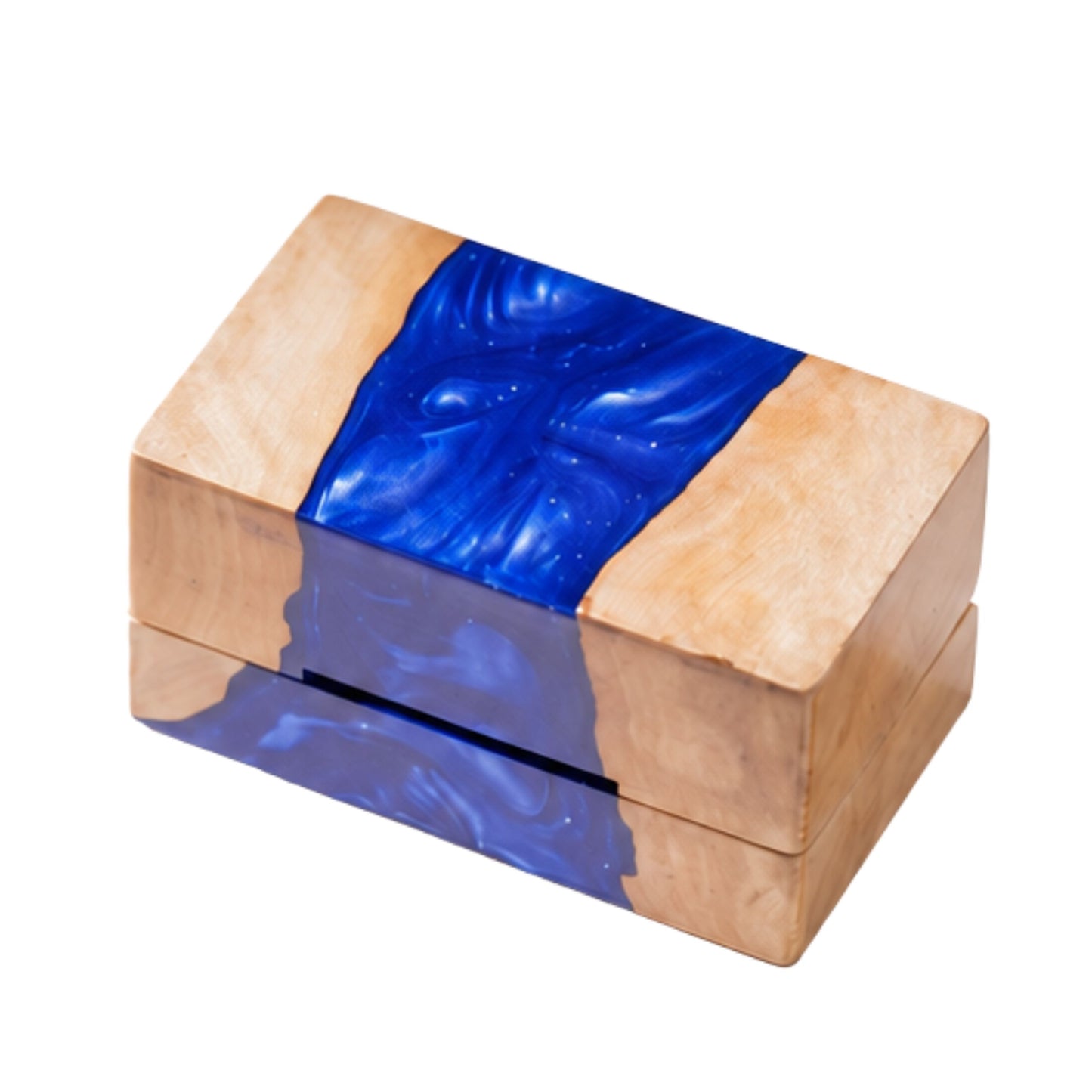 Top view of a closed rectangular ring box made from natural burl wood and swirled blue epoxy resin.
