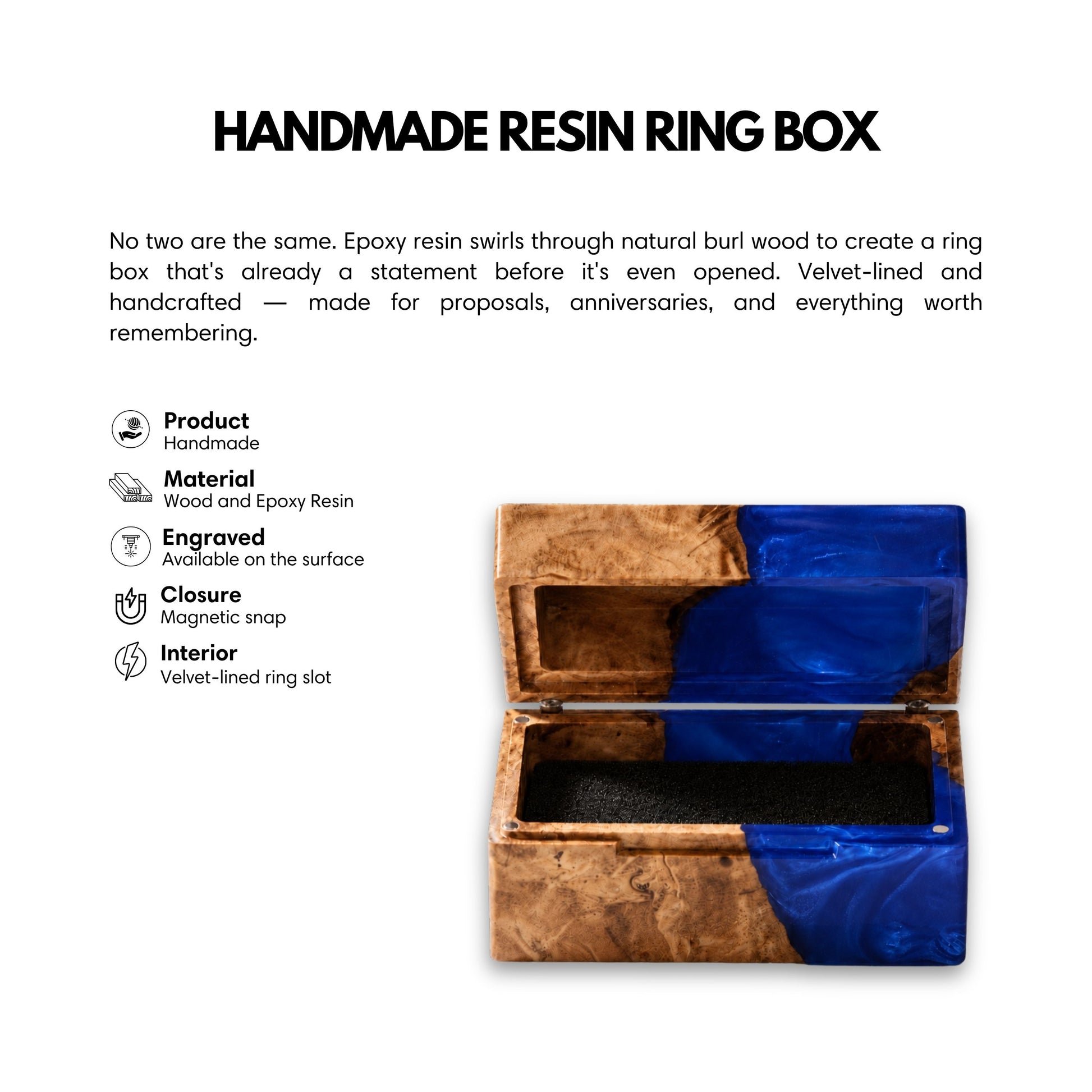 Product overview image highlighting features of the handmade burl wood and blue epoxy resin ring box with magnetic closure and velvet lining.
