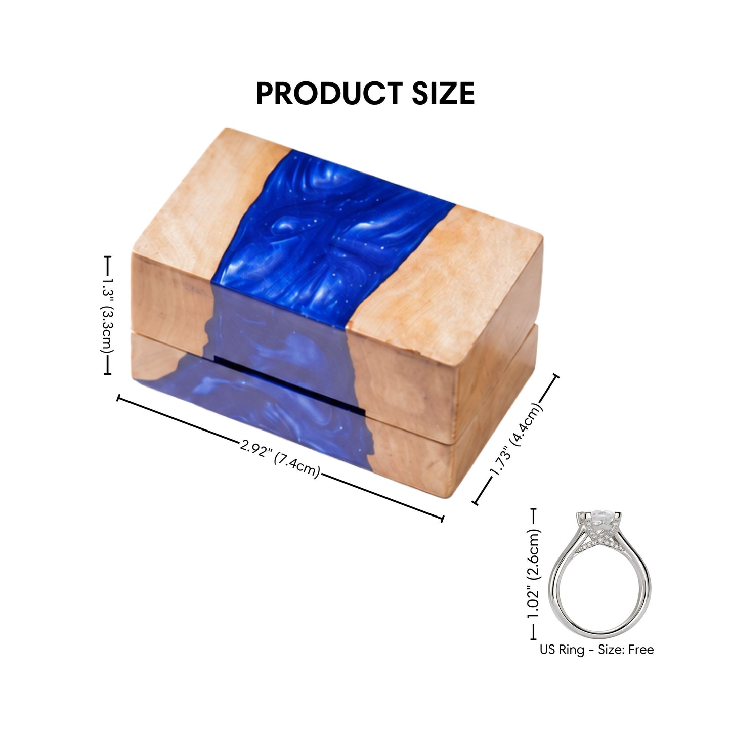 Size guide graphic displaying dimensions for the rectangular wood and blue resin ring box.
