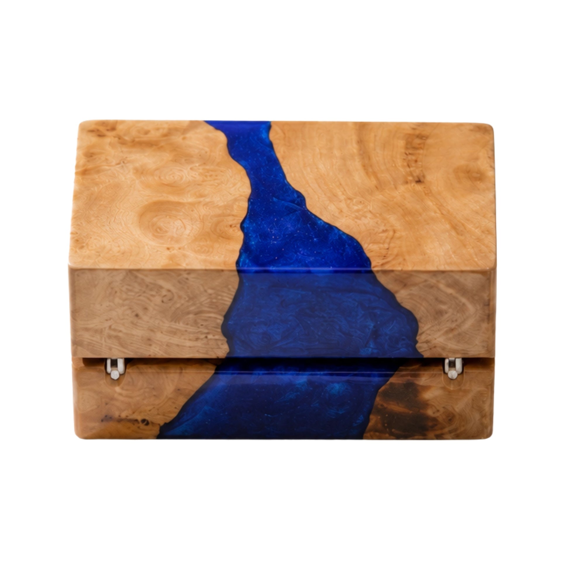 Back view of a closed wood and blue epoxy resin ring box showing the gold metal hinges and natural wood grain texture.
